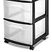 Sterilite 3 Drawer Storage Cart, Plastic Rolling Cart with Wheels to Organize Clothes in Bedroom, Closet, Black with Clear Drawers, 1-Pack