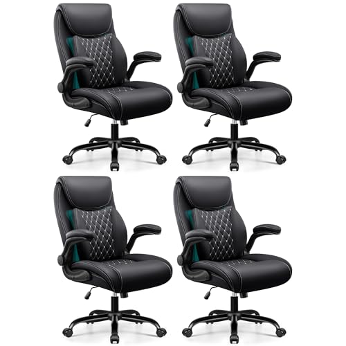 Image of BESTFAIR Office Chair, Ergonomic Computer Desk Chairs with Lumbar Support for Lower Back Pain Relief, Executive Leather Home Chair Comfy with Padded Flip-up Armrests, Black, 4-Pack