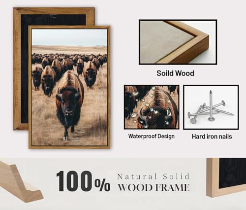 Image of Framed Bison Wall Art Western Buffalo Cow Pictures Wall Decor American Bison Herd Decor Rustic Wildlife Animals Canvas Prints Farmhouse Cabin Lodge Decor for Living Room Office Home Decoration 24x36