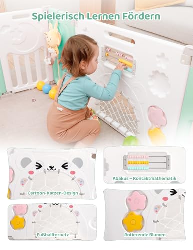 Dripex Laufstall Baby faltbar, laufgitter baby aus Kunststoff, laufstall mit Tür und Spielzeugboard, 150×150cm 14-Paneele, grün – Ansicht 8