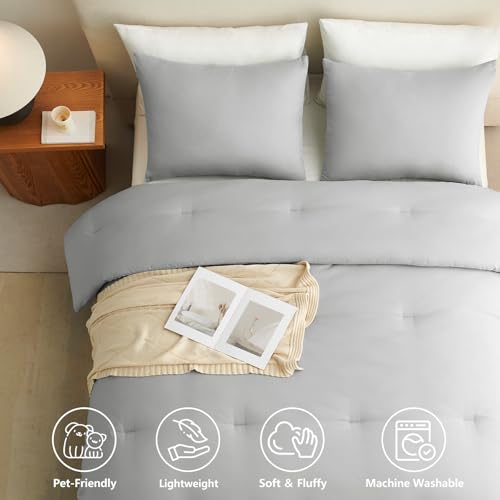 CozyLux Queen Comforter Set Light Grey, 3 Pieces Lightweight Comforters Queen Size Bedding Sets, Light Gray All Seasons Solid Down Alternative Comforter with 2 Pillowcases, Soft Bed Set for Home by CozyLux - Used condition - Image 3