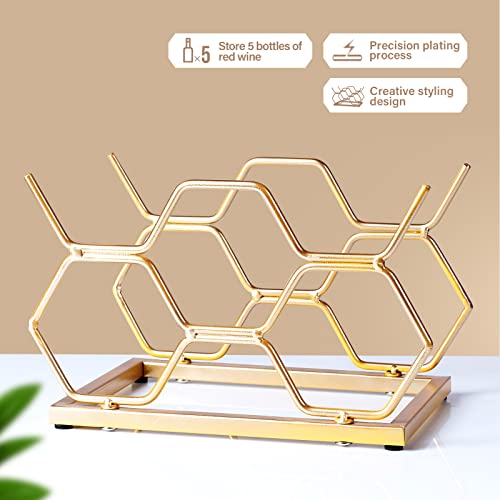 Drincarier Countertop Wine Rack - 5 Bottle Freestanding Modern Gold Metal Small Wine Rack - Tabletop Wine Holder Stand for Cabinet, Pantry, Wine Bottle Storage…
