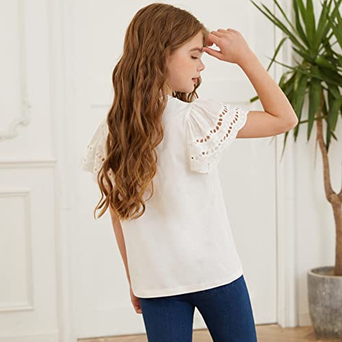 Image of blibean Girls Summer Short Sleeve Shirts Cotton Tops Size 4-15 Years Old | Kids Fashion Causal Solid Color Tee, Cute Ruffle Crewneck Basic Blouse, Flowy Clothes for Tween Teen Girl, Soft Breathable