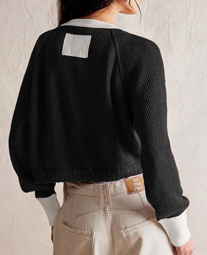 Image of loveimgs Women Knitted Button Down Cropped Cardigan Jacket Sweater Y2k Fall Knit Color Block Sweater Crewneck Crop Short Coat