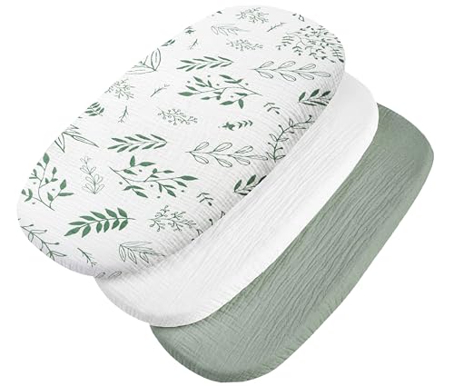 Medi Partners Sabanas Cuna Bebe 86x40 Sabana Bajera Capazo Set de 3 Funda Colchon Combiador para Carro - 100% Algodón Muselina Universal Minicuna Moises Sábanas Carrito(Hoja de Olivo-Blanco-Olivo)