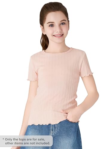 Girls Short Sleeve Shirts Pointelle Knit Lettuce Trim Tee Shirt Tops - Little Girl Light Pink Blouse Size 6-163