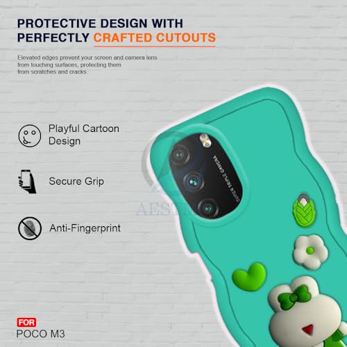 Image of AESTMO Back Case Cover for Poco M3 | 3D Cute Fun Cartoon Characters | Anti Slip Grip Cute Wave Curly Frame Shape | Full Body Protection Back Cover for Poco M3 (Mint Green)