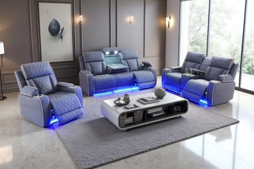 A Ainehome Sanded Leather Power Recliner Sofa Set with LED,