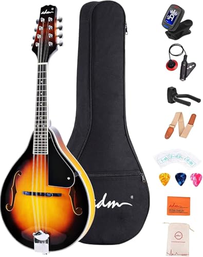 ADM Acoustic Mandolin Instrument Kit Music A Style for Kids Students Adults Wood Mandolins Beginner Set With Bag, Tuner, Pick-up, Strap, Strings, Picks and Hanger, Sunbrust