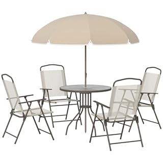Outsunny 6 Piece Garden Dining Set with Umbrella, Patio Sets with Parasol with 4 Folding Dining Chairs & Round Tempered Glass Table, Beige