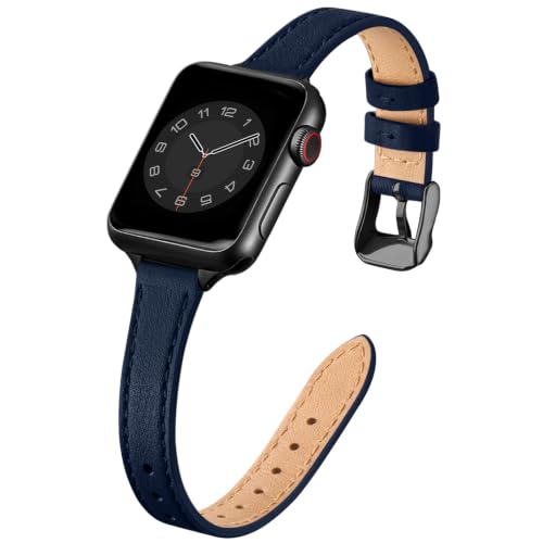 Image of STIROLL Slim Leather Bands Compatible with Apple Watch Band 38mm 40mm 41mm 42mm(Series 11 10), Top Grain Leather Watch Thin Wristband for iWatch SE 9 8 7 6 5 4 3 2 1 (Navy Black)