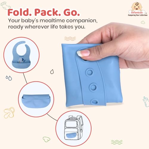 Image of Infantso Silicone Ultra Light Waterproof Baby Bib for Feeding & Weaning Babies & Toddlers with Food Cather Pocket, Washable, Reusable, Non Messy Easy Cleaning, No Odour, Adjustable Button Neckline