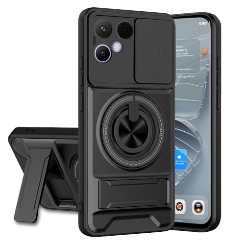 Image of Tecno Pova Curve 2 Back Cover | Armor Camera Slider 360 Degree Rotating Finger Ring Holder Case with Bracket Stand Back Case Cover (Compatible with MagSafe Accessories) (Black)