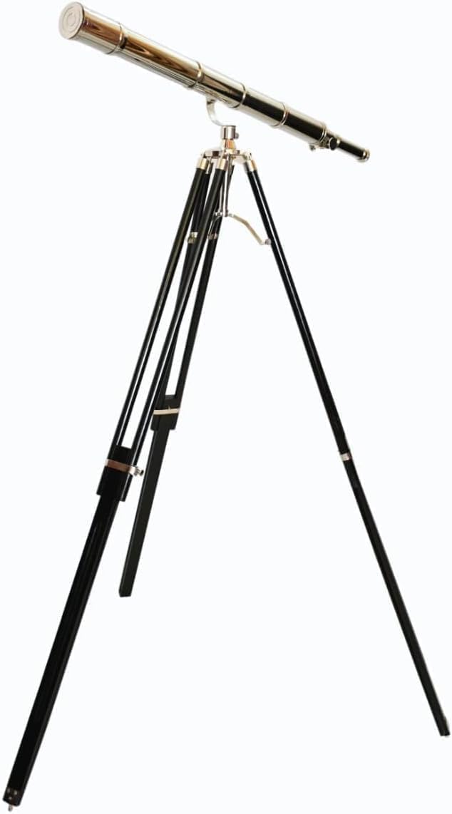 Royal Marine Nautical Style Single Barrel Telescope Designer Vintage Chrome/Nickle Finish Unique Adjustable Black Wooden Floor Standing Tripod for Collectibles