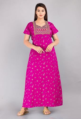 Image of DIAMO Pure Cotton Embroidery Nighty for Women, Cotton Night Gown, Night Maxi Gown, Cotton Nighty with a Pocket and Adjustable Knot