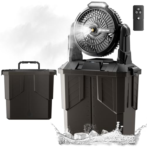 Misting Fan, 6L Bucket Portable Misting Fans with Remote, 20000mAh Rechargeable Battery Portable Fan for Outdoors Patios, Camping Fans 270° Adjustable, Hanging & Lighting for Outdoor Cooling