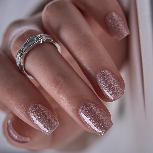 Image of CurvLife Soft Gel Squoval Press-On Nails Short, Reusable Fake Nails with Glue & Adhesive Tabs, 30PCS Salon-Quality Stick-On Nails for At-Home Manicure (Silk Stardust)