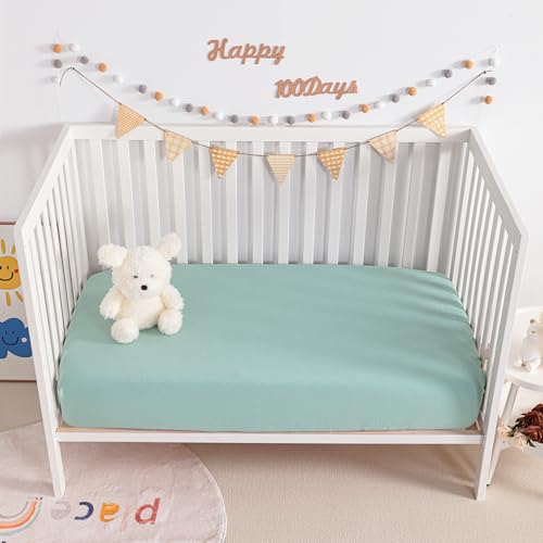 Image of NTBAY 2 Pack Muslin Cotton Crib Sheets, Soft and Breathable Double Layer 28x52 Baby Crib Sheets for Standard Crib and Toddler Mattresses, Boys, Girls, Unisex, Mint, 28x52 Inches