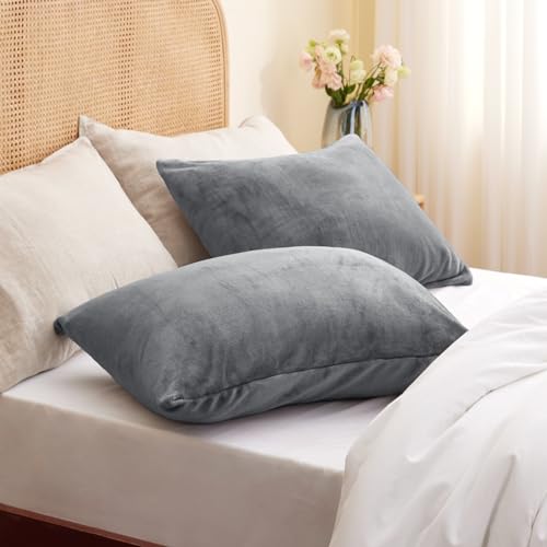 Image of BEDELITE Flannel Pillow Cases Queen Size Set of 2, Gray, 20x30 Inches