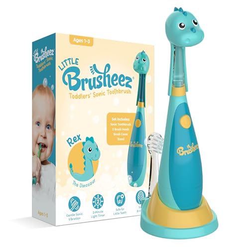 Brusheez Little Toddlers Sonic Toothbrush - Safe & Gentle Toothbrush for Ages 1-3 with Built-in Light-Up 2-Minute Timer Extra Brush Head & Storage Base for First-Time Brushers (Rex the Dinosaur)