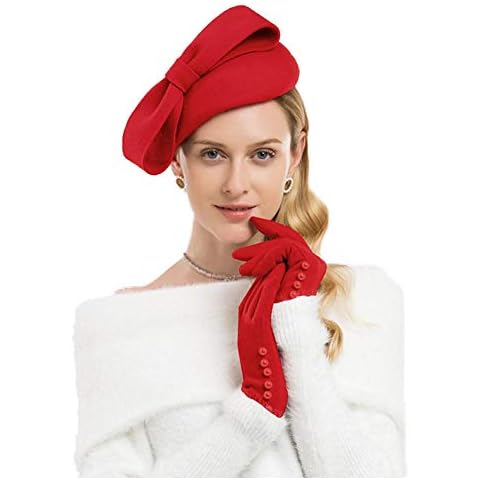 F FADVES Wool Felt Fascinator Winter Women Pillbox Hat Bowknot Fedoras Red Cover