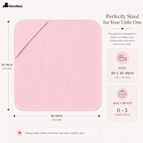 Image of Baby Hooded Bath Towel 100% Cotton Muslin 76x76 cm, 0-3Y, Newborn | 4-Layer Crinkle Fabric, Ultra Absorbent, For Ages 0-3Y