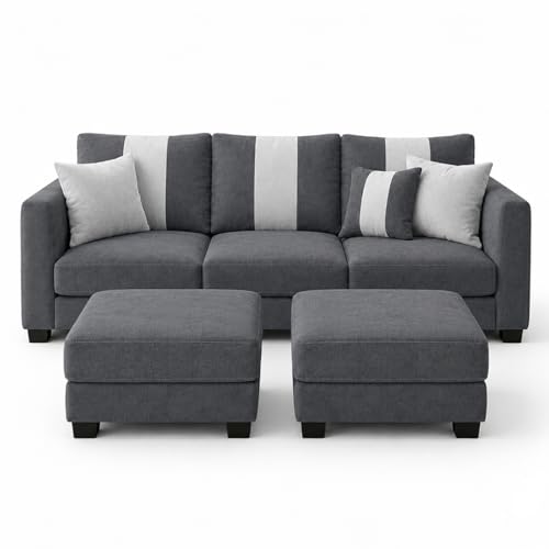 Image of Revo 5 Seater L Shape Sofa Set with 2 Movable Ottomans | Flexible Layout | Luxury Velvet Suede Fabric | Modern Living Room Sofa | Dark Grey