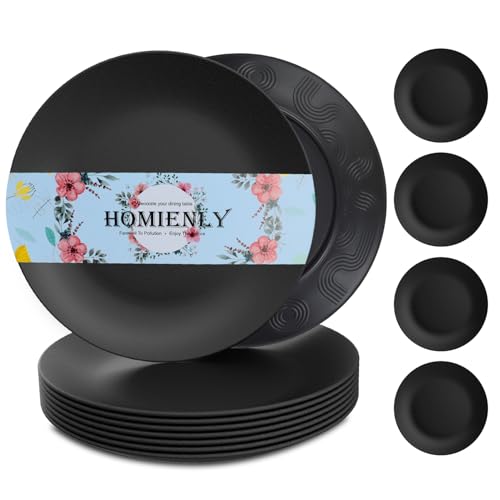 Homienly Black Dinner Plates Set of 8, 10 inch, Reusable, Unbreakable, Microwave & Dishwasher Safe, Wheat Straw Plates for Camping, Kitchen, Party, All Occasions