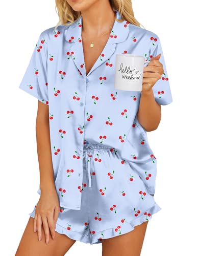 Image of Ekouaer Womens Satin Pajamas Set Button Down 2 Piece Silk Pjs Shorts Set Ruffle Lingerie Notch Collar Sleepwear