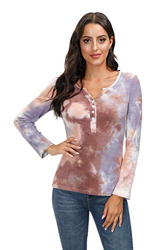 Yidarton Womens Henley Tops Shirts Long Sleeve Casual V Neck Buttons Tie Dye Tops