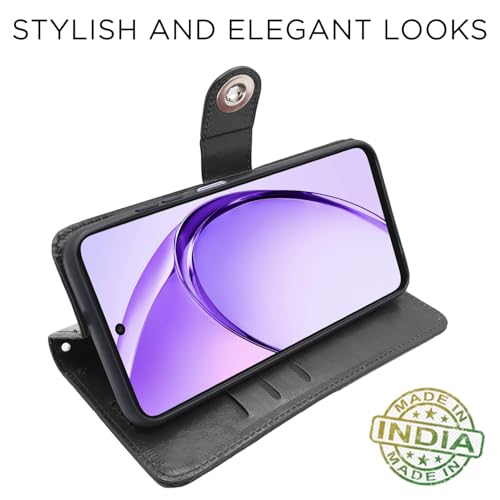 Image of Pikkme Flip Cover Leather Finish | Inside TPU with Card Pockets | Wallet Stand and Shock Proof | Complete Protection Button Flip Case for Oppo A3x 5G / A3x 4G / A3 5G (Black)