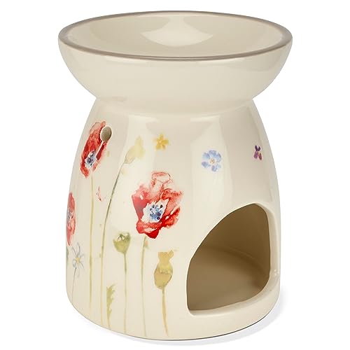 Bravich Ceramic Wax Melt Burner - Poppy Flower. Watercolour Wax Melt Burners For Essential Oil & Wax Melts, With Tea Light Candle Holder. Fragrance Warmer & Melter For Home Decor Accessories