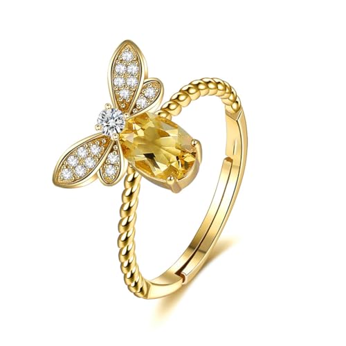Kokoma Cute Bee Ring for Women Cubic Zirconia Honeybee Open Statement Rings Engagement Eternity Promise Ring Adjustable Band 14K Gold Plated