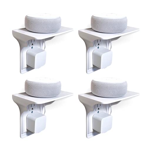 BeraTek Industries Power Perch Socket Outlet Shelf - Smart Home Essentials Bathroom Organizer - Wall Shelves for Toothbrush, Echo, Speakers, Cell Phone Holder - White - 4 pc