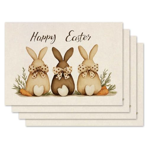 Jauageon Happy Easter Bunny Placemat Set of 4 He is Risen Placemats Carrot Table Mats for Indoor Outdoor Home Party Kitchen Dining Decor Farmhouse Burlap Table Mats 12x18 Inch