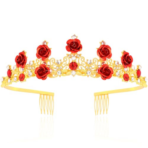TOBATOBA Red Rose Tiaras and Crowns for Women Flower Princess Bridal Wedding Tiara Belle Costume Women for Halloween Prom Birthday Valentines Day Flower Fairy Headpiece
