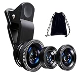 3 in 1 Phone Camera Lens Universal Fish Eye Kit With Fish Eye Wide-Angle and Macro Clip Camera Lense for iPad iPhone Samsung Android and Most Smartphones Device Black