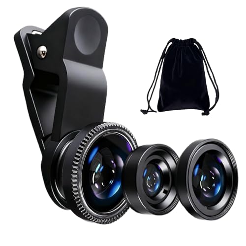 3 in 1 Phone Camera Lens Universal Fish Eye Kit With Fish Eye Wide-Angle and Macro Clip Camera Lense for iPad iPhone Samsung Android and Most Smartphones Device Black