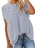 Dokotoo Damen Bluse Sommer Kurzarm Oberteile Spitzen Aushöhlen T-Shirt Elegant Rundhals Swiss Dot Chiffonblusen Shirts Tops, himmelblau, XL