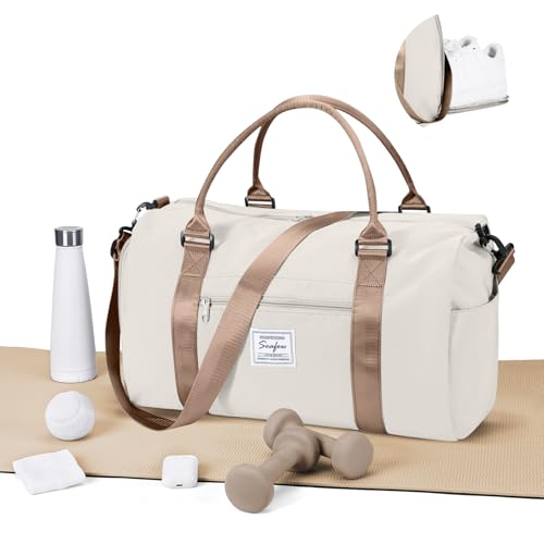 WEPLAN Sport Duffel Bag Damen Herren Sporttasche mit Schuhfach & Nassfach Reisetasche Handgepäck Tasche Sporttaschen Fitness Gym Bag Weekender Travel Bag Schwimmtasche Trainingstasche,Beige mit Braun