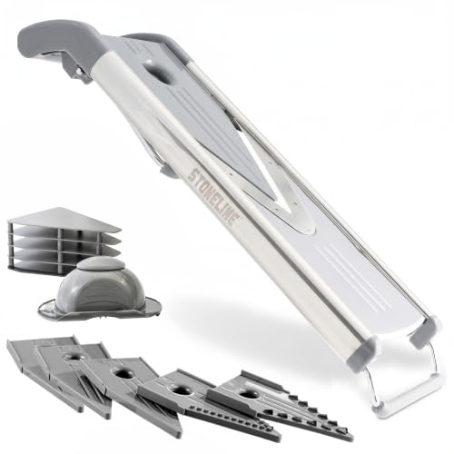 STONELINE V Hobel Gemüseschneider Set 9 teilig für Scheiben Stifte Streifen Würfel, mit 5 Schneid-Einsätzen Klingen aus Edelstahl, Gemüsehobel Gemüsereibe Pommesschneider Mandoline Küchenhobel