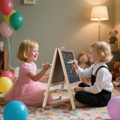 image for Kileubuto Tabletop Painting Wooden Art Easel for Kids - 4-in-1 Double-