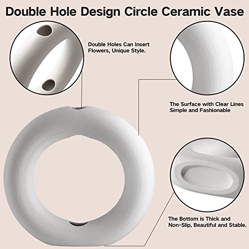 Jspyfits White Circle Ceramic Vase Set Of 2, Circle Vase Farmhouse Nordic Minimalism Style Hollow Flower Vase For Pampas Grass Dried Flowers, Handmade Modern Round Vase Decorations 6.5"/8.3" Tall #TOP4