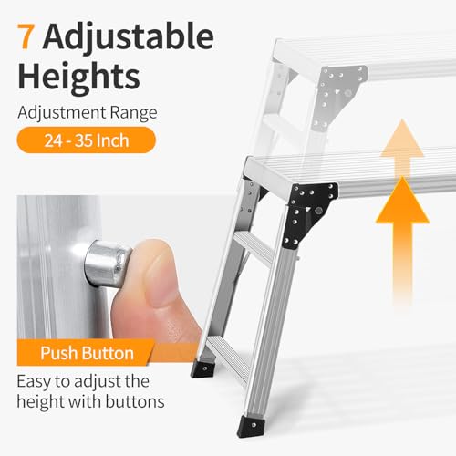 SHANTRA Multifunctional & Adjustable Work Platform with 330 lbs Capacity, 24 to 35 inches Step Ladder, Aluminum Folding Scaffolding Ladder, Heavy Duty Portable Bench Ladder Stool with Non-Slip Feet