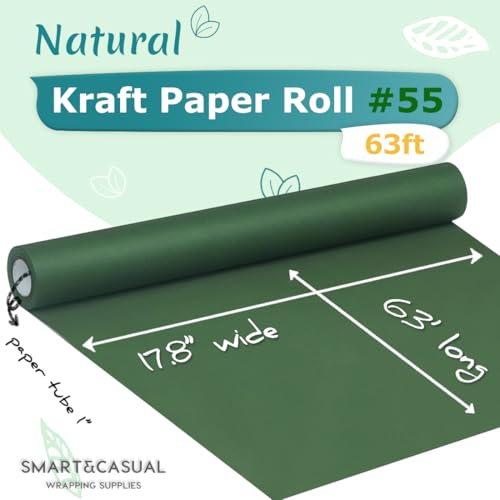 Image of SMART&CASUAL 17.8 inch x 760 inch (63') Dark Green Kraft Craft Paper Roll for Gift Wrapping Bulletin Board Bouquet Flower Art Packing Parcel Table Covering 80GSM 55LB (Dark Green, 17.8 inch x 63')