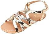 Vince Camuto Girls' Sandals - Open Toe Summer Strappy Flat Dress Shoes with Glitters and Secure Hook and Look Closure, Size 3 Big Kid, Light Gold