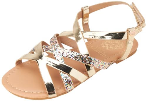 Vince Camuto Girls' Sandals - Open Toe Summer Strappy Flat Dress Shoes with Glitters and Secure Hook and Look Closure, Size 3 Big Kid, Light Gold