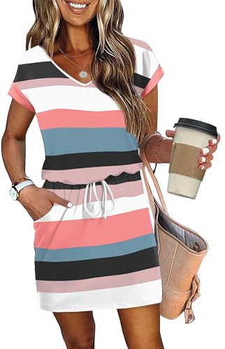 Image of OFEEFAN Summer Dresses for Women 2026 V Neck T Shirt Casual Mini Dresses Tie Waist Sundresses with Pockets