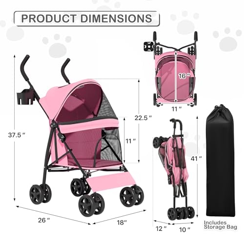 image for MoNiBloom 4 Wheels Pet Stroller, Easy-Fold Puppy Cage Jogger Stroller 