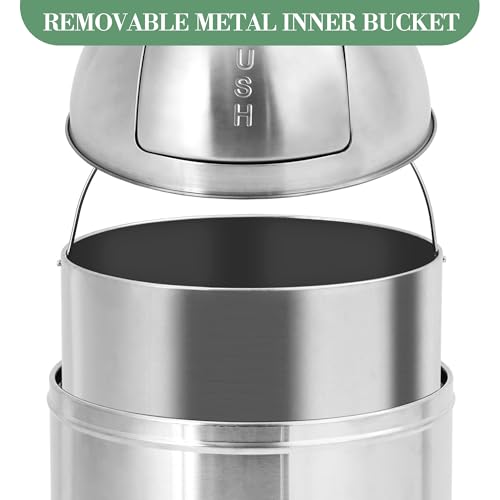 Image of Garvee Cylindrical Commercial Trash Can, 13 gal /50 L Fingerprint-Proof Stainless Steel Garbage Can with Push Lid, Heavy Duty Tall Waste Bin with Removable Inner Bucket for Outdoor, Commercial Use
